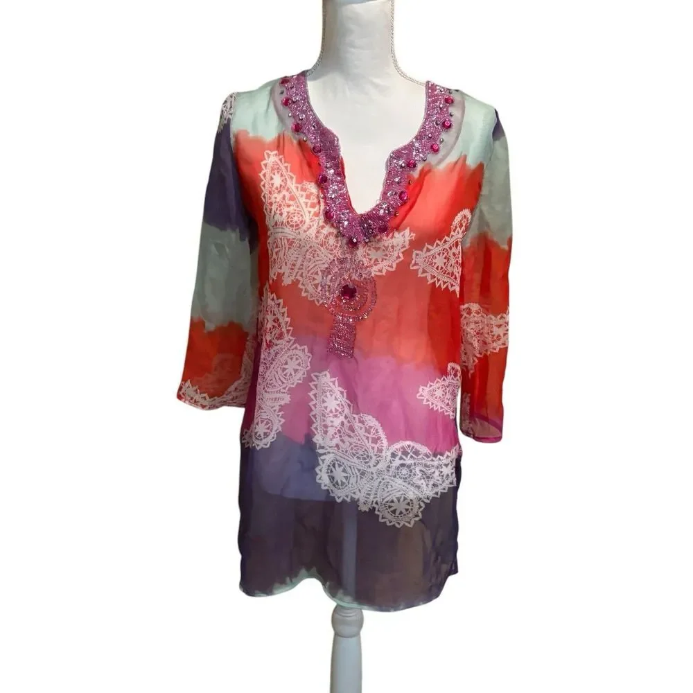 Cute Options Swimsuit Cover Beaded 3/4 Sleeve‎ Semi-Sheer Lightweight Size Small